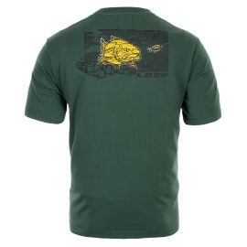 Rückansicht des dunkelgrünen Loop Steelhead Graphic T-Shirts mit einer detaillierten künstlerischen Steelhead-Illustration auf dem Rücken