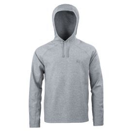 Vorderansicht des grauen Loop Tech Hoodies mit gesticktem Logo auf der Brust und Kapuze mit Kordelzug