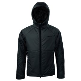 Vorderansicht der Jacke „Raven Black Loop Onka V2“ mit dem gesteppten Kammern-Design und der Sturmkapuze mit hohem Kragen