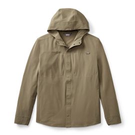 Direkte Frontalansicht des braun-grünlichen ORVIS PRO Sun Stretch Hoodies in der Farbe Sagewood auf weißem Grund; gut zu sehen sind die sportliche Kapuzenführung, der flache Reißverschluss der Brusttasche und die Daumenschlaufen an den Ärmelbündchen
