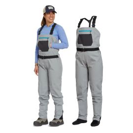 Zweiteilige Produktpräsentation der ORVIS Clearwater Wathose für Damen auf weißem Hintergrund; links trägt ein weibliches Model die hellgraue Wathose mit integriertem schwarzen Watgürtel, einer Känguru-Handwärmertasche sowie türkisfarbenen Reißverschluss-