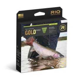 Produktverpackung der RIO Elite Gold Max Fliegenschnur; die Box zeigt das goldene RIO-Logo, den Schnurnamen Gold Max sowie die Leistungsmerkmale für schwere Rigs vor einem dunklen, grafischen Hintergrund
