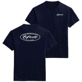 Vorderansicht des dunkelblauen (Navy) Scott Oval Logo T-Shirts; zeigt das markante weiße Oval-Logo mit dem Scott-Schriftzug zentral auf der Brust