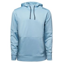 Simms Challenger Hoody in Steel Blue, Vorderansicht eines hellblauen Kapuzenpullovers mit dunkelblauer Kordel, dunklem Simms Schriftzug an der Schulter, Känguru-Tasche sowie Bündchen an Ärmeln und Saum