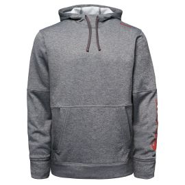 Simms Challenger Hoody in Tahitian Pearl Heather, Vorderansicht eines mittelgrau melierten Kapuzenpullovers mit grau-roter Kordel, Känguru-Tasche, rotem Simms Schriftzug an der Schulter und senkrechtem roten Simms Schriftzug auf dem Ärmel