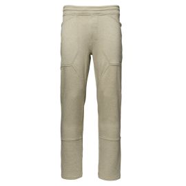 Simms Challenger Sweatpant in Stone Heather, Vorderansicht der beige melierten Fleece-Hose mit breitem elastischem Bund, angedeutetem Hosenschlitz, Teilungsnähten an Oberschenkeln und Knien und kleinem Simms Schriftzug am rechten Oberschenkel