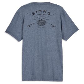 Rückansicht des blau-grau melierten Simms Classic Tackle T-Shirts; zeigt die große Heritage-Grafik auf der Brust mit verschiedenen Angelmotiven