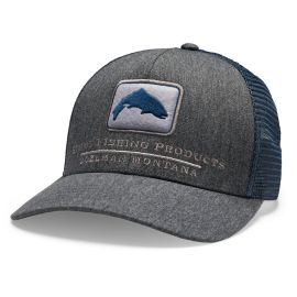 Simms Double Haul Icon Trucker Cap in Tahitian Pearl Heather, grau melierte Kappe mit blauem Mesh und Patch mit blauer Forelle, Ansicht schräg von vorne
