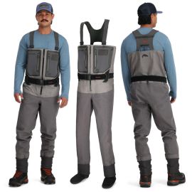 Simms G4Z Zip Stockingfoot Wathose in Slate mit wasserdichtem YKK TRU Zip Frontreißverschluss und GORE-TEX Pro Shell Gewebe. Das männliche Modell zeigt die Vorder- und Rückseite der Hose.