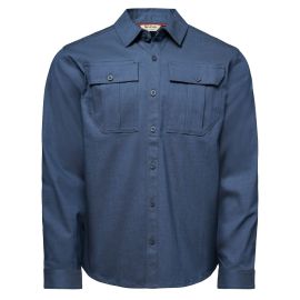 Simms Harbor Work Shirt in Selvedge, Vorderansicht des blauen Hemds mit Kragen, Knopfleiste, zwei Brusttaschen mit Klappe, Knopf und Falteneinsatz sowie Simms Etikett im Nacken