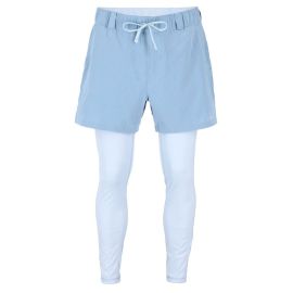 Vorderansicht der Simms Latitude BiComp Bottom Angelhose in Sterling (Hellgrau) auf einem Torso; zeigt den elastischen Bund und die Reißverschlusstaschen