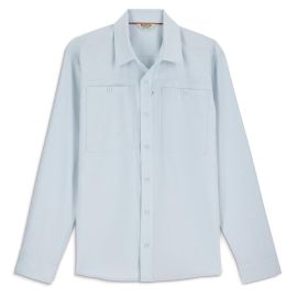 Eine Produktansicht von vorne des Simms Launch Langarmhemds für Herren in der Farbe „Bimini Blue Heather“. Das Bild zeigt den hellblauen, melierten Webstoff, den klassischen Spitzkragen, den Knopfverschluss vorne sowie die beiden aufgesetzten Brusttaschen