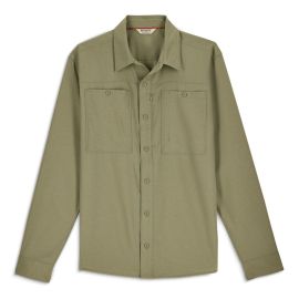 Eine Frontalansicht des Simms Men's Launch Long Sleeve Shirts in Willow Heather. Das Bild zeigt das olivgrün melierte Gewebe, den klassischen Hemdkragen, die Knopfleiste und die zwei funktionalen Brusttaschen auf flachem Untergrund.