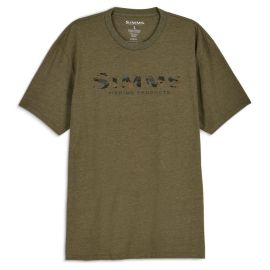 Vorderansicht des olivgrün melierten Simms Shroud Fill Logo T-Shirts; zeigt das auffällige Simms-Logo mit gemustertem Füll-Design auf der Brust