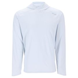Vorderansicht des Simms SolarFlex Hoody im hellblauen Bimini Blue auf einem Torso; zeigt die Kapuze mit Druckknopf und das Simms-Branding