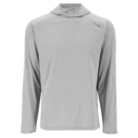 Vorderansicht des Simms SolarFlex Hoody in Overcast (Hellgrau); zeigt die Kapuze mit Druckknopf-Verschluss und das technische Strickgewebe auf einem Torso