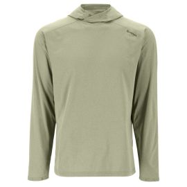 Front view of the Simms SolarFlex Hoody in Pale Pine (light green); shows the hood with press-stud fastening and the technical knit fabric on a torso