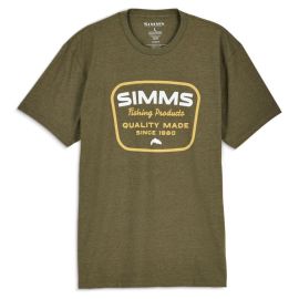 Vorderansicht des olivgrün melierten (Military Heather) Simms Stamp Lock T-Shirts; zeigt das klassische Simms Stamp-Logo in Kontrastfarbe auf der Brust