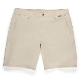 Vorderansicht der Simms Superlight Short in Burnished Clay (warmes beige); flach liegend mit sichtbarem Knopfverschluss und Gürtelschlaufen