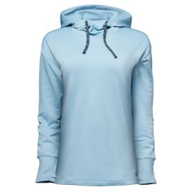 Simms Womens Challenger Hoody in Steel Blue, Vorderansicht eines hellblauen Fleece-Hoodys mit Kapuze, zwei dunklen Kordeln, langen Ärmeln mit breiten Bündchen und Logo am Saum