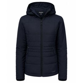 Simms Womens Fall Run Hooded Jacket in Black, Vorderansicht einer dunklen gesteppten Jacke mit Kapuze, durchgehendem Reißverschluss, Seitentaschen mit Zugbändern und Simms Logo am unteren Saum