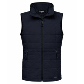 Simms Womens Fall Run Vest in Black, Vorderansicht einer dunklen gesteppten Weste mit Stehkragen, durchgehendem Reißverschluss, Handwärmertaschen mit Zugbändern und Simms Logo am unteren Saum