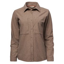 Simms Womens Tailout Knit Shirt in Silt Heather, Vorderansicht eines taupefarben melierten Flanellhemds mit Kragen, durchgehender Knopfleiste und zwei großen Brusttaschen