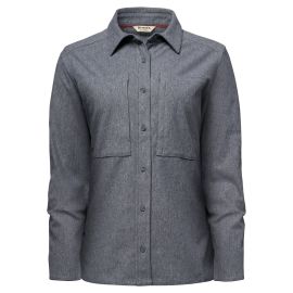 Simms Womens Tailout Knit Shirt in Steel Heather, Vorderansicht eines grau-blau melierten Flanellhemds mit Kragen, durchgehender Knopfleiste und zwei großen Brusttaschen