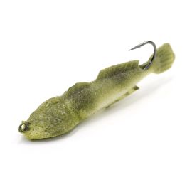 Seitenansicht des olivfarbenen Sponge Lure Sculpin Kunstköders in der Länge 6 cm vor weißem Hintergrund; gut erkennbar sind der detailliert geformte Bleikopf mit den großen Koppenaugen, der strukturierte, weiche Schwammkörper in Olivbraun sowie der nach o