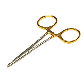 Veniard Gold Loop 5-Zoll Kelly Clamp Hakenlösezange aus matt-silbernem Edelstahl mit vergoldeten Griffaugen, gerader Spitze mit halb glattem und halb geriffeltem Maul sowie integrierter Pin-in-Shank Nadel am Gelenk