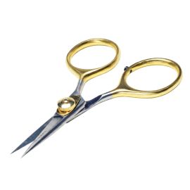 Veniard Gold Loop Razor Scissors Bindeschere aus Edelstahl mit 4 Zoll Länge; zu sehen sind die spitzen, dünnen Schneidklingen mit Veniard-Gravur, die zentrale goldene Einstellschraube für die Klingenspannung und die vergoldeten Griffaugen auf weißem Hinte