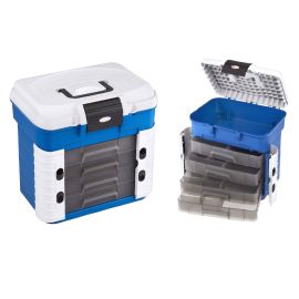 Produktabbildung der blau-weißen Veniard Zenith 3 Bindematerial Box: Links geschlossen mit einklappbarem Tragegriff und Frontverschluss; rechts geöffnet mit aufgeklapptem Deckel für das obere Fach und vier herausgezogenen transparenten Schubladen mit Fäch