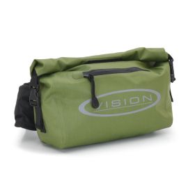 Wasserdichtes Vision Aqua Handles Hip Pack in Olive mit Roll-Top-Verschluss, spritzwassergeschütztem Reißverschluss und markantem Vision-Logo auf der Vorderseite.