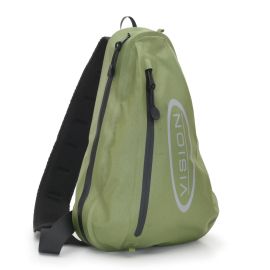Vision Aqua Sling Pack in Olive mit zwei Hauptfächern und wasserabweisenden YKK AquaGuard Reißverschlüssen.