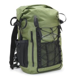Wasserdichter Vision Aqua Weekend Pack Rucksack in Olive mit Roll-Top-Verschluss und elastischem Kordelzug für zusätzliche Ausrüstung.