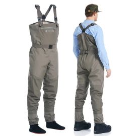 Vorder- und Rückansicht der Vision Atom Wathose in Tan; mit verstellbaren Trägern und verstärkten Beinpartien vor weißem Hintergrund.