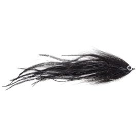 Vision Beast Black Hechtfliege mit schwarzem Bucktail, langen schwarzen Straußenfedern, feinem silbernen Angel Hair und Augen