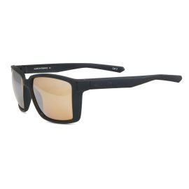 Vision Hybrid Polarized Sunglasses mit mattschwarzem Rahmen und verspiegelten, bernsteinfarbenen Flashflite Amber Linsen für Fliegenfischer. Seitenansicht mit Brillenbügeln