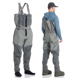 Vorder- und Rückansicht der grauen Vision Koski Zip Wathose an einem Model; zeigt das ergonomische Design und die grauen Verstärkungen im Kniebereich