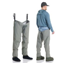 Produkt- und Rückansicht der grauen Vision Koski Hüftwathose; zeigt die separaten Beinteile und die Befestigung am Gürtel eines Anglers