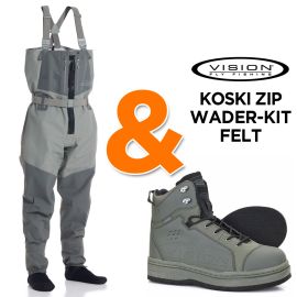 Produktbild des Vision Koski ZIP-Wathosen-Sets, bestehend aus der grauen ZIP-Wathose und den olivgrünen Vision Koski Watschuh mit Filz-Sohle