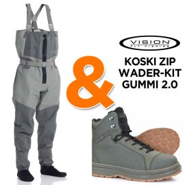 Produktbild des Vision Koski ZIP Wading Kits, bestehend aus der grauen ZIP-Wathose und den olivgrünen PVC-Watschuhen mit profilierter Gummi 2.0 Sohle