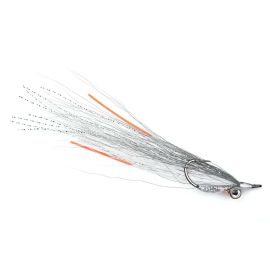 Vision Perch Ahven Clouser: Slender jig streamer in Silver featuring silver Dumbbell Eyes, white Bucktail, and orange rubber legs for targeting Perch and other Predators.