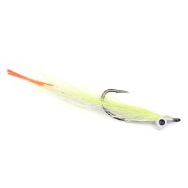 Vision Perch Ahven Clouser: Classic jig streamer in Chartreuse and white featuring heavy Dumbbell Eyes, Bucktail wings, and striking orange rubber legs for Predators.