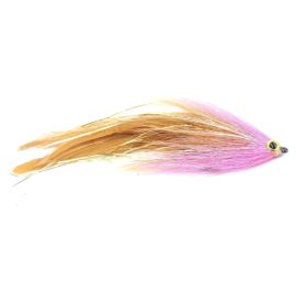 Vision Pike Deceiver Nelli Hechtfliege mit langen Federn in Tan, goldenen Glitzerfäden und Kopfpartie in Pink mit goldenen Augen