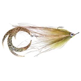 Vision Pike Jig Dragontail Dirty Roach Hechtfliege mit olivfarbenem Körper, kupferfarbenem Glitzer, weißen Augen und goldenem Dragontail mit holografischem Glitzer