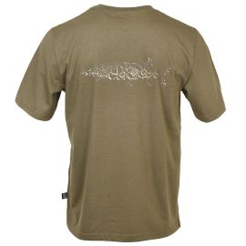 Rückansicht des olivgrünen Vision PIKE T-Shirts mit einem großen, künstlerischen Rückenprint. Die Grafik zeigt eine detaillierte Illustration eines Hechts in Weiß- und Grautönen, kombiniert mit dem Vision-Logo.