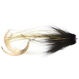 Vision Pike Waterpusher Black & Gold beschwerte Hechtfliege mit schwarzem Bucktail, goldenem Flash, Kopfscheibe und goldenem Dragontail