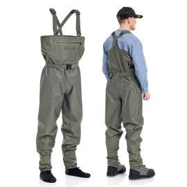 Waders da pesca a mosca Vision Rio Vanda in colore Forest Green con bretelle regolabili, cintura elastica e gravel guards integrati.