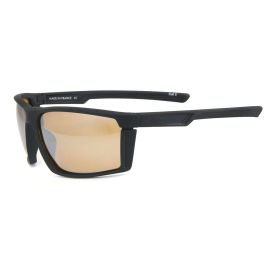Vision Ryde Polarisierte Sonnenbrille: Moderne Angelbrille mit schwarzem Rahmen und bernsteinfarbenen, leicht verspiegelten Flashflite Amber Lenses für verbesserte Sicht und Kontrast. Seitenansicht mit den Bügeln der Brille